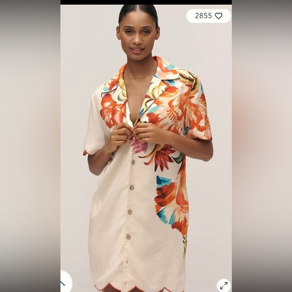 Farm Rio Anthropologie Floral scalloped hem button down shirt dress - Picture 3 of 10